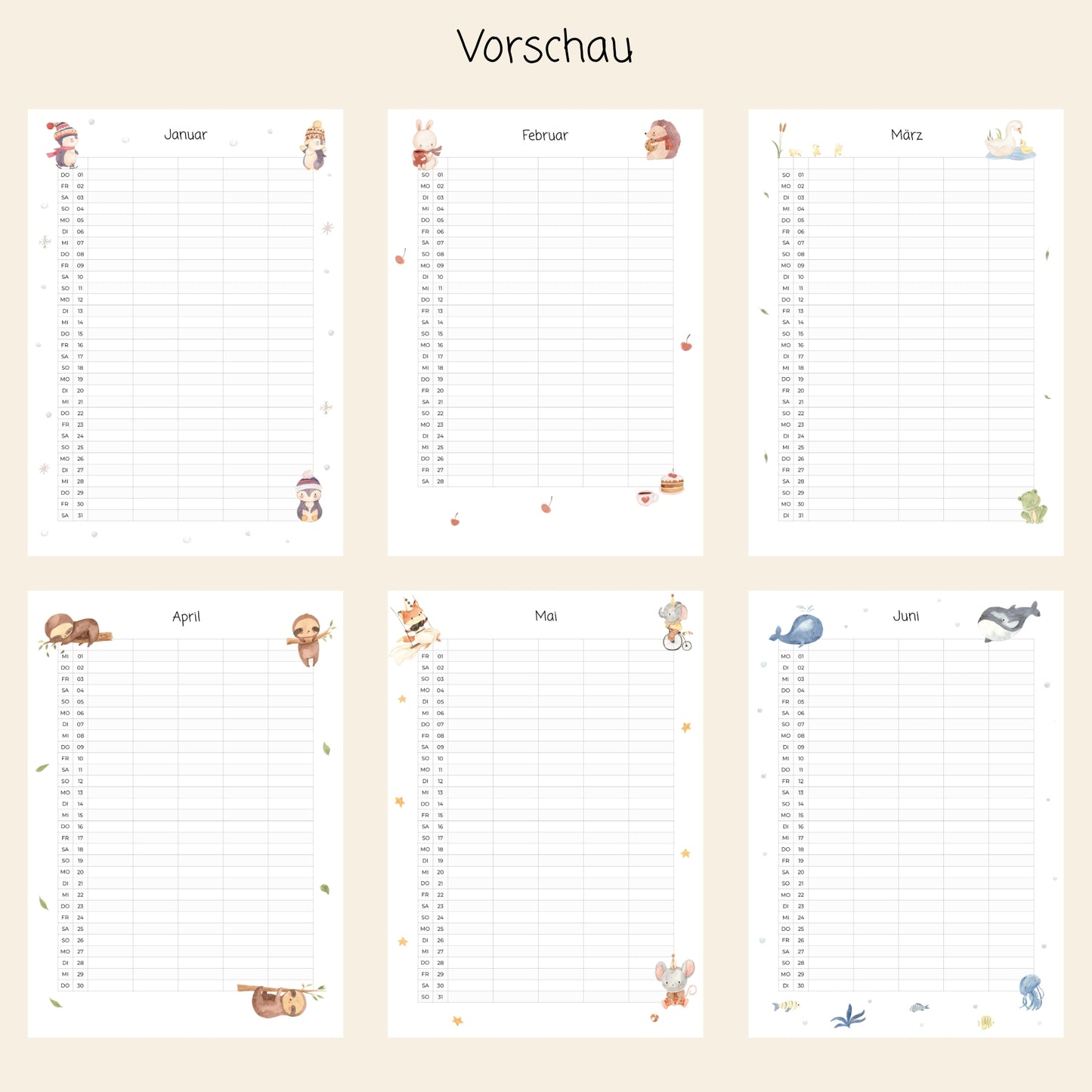 Familienkalender 2026 zum Ausdrucken: Sechs-Monats-Vorschau mit handgemalten Tiermotiven, Januar bis Juni, inklusive Tagespläne. Perfekt für persönliche und gemeinsame Termine.