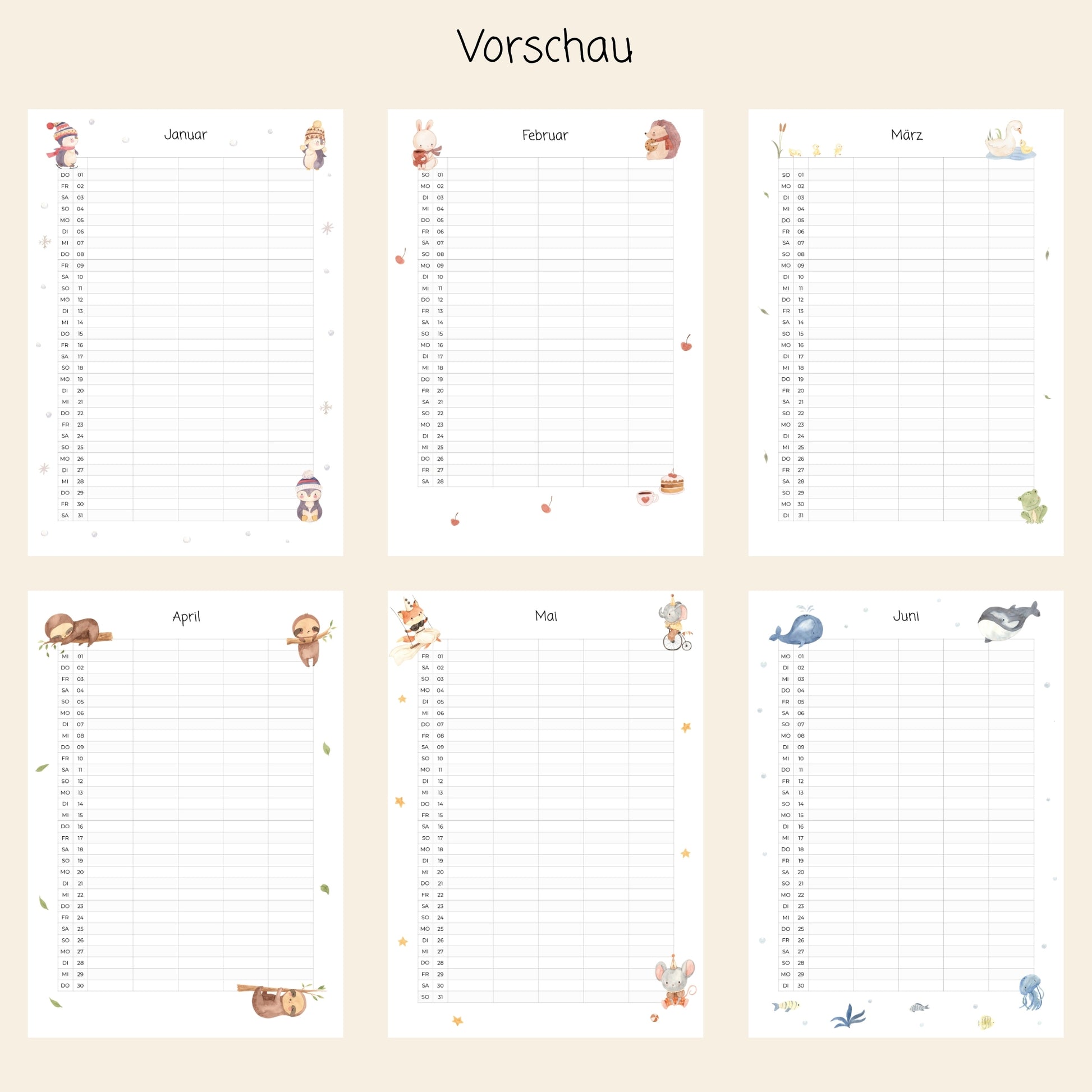 Familienkalender 2026 zum Ausdrucken: Sechs-Monats-Vorschau mit handgemalten Tiermotiven, Januar bis Juni, inklusive Tagespläne. Perfekt für persönliche und gemeinsame Termine.