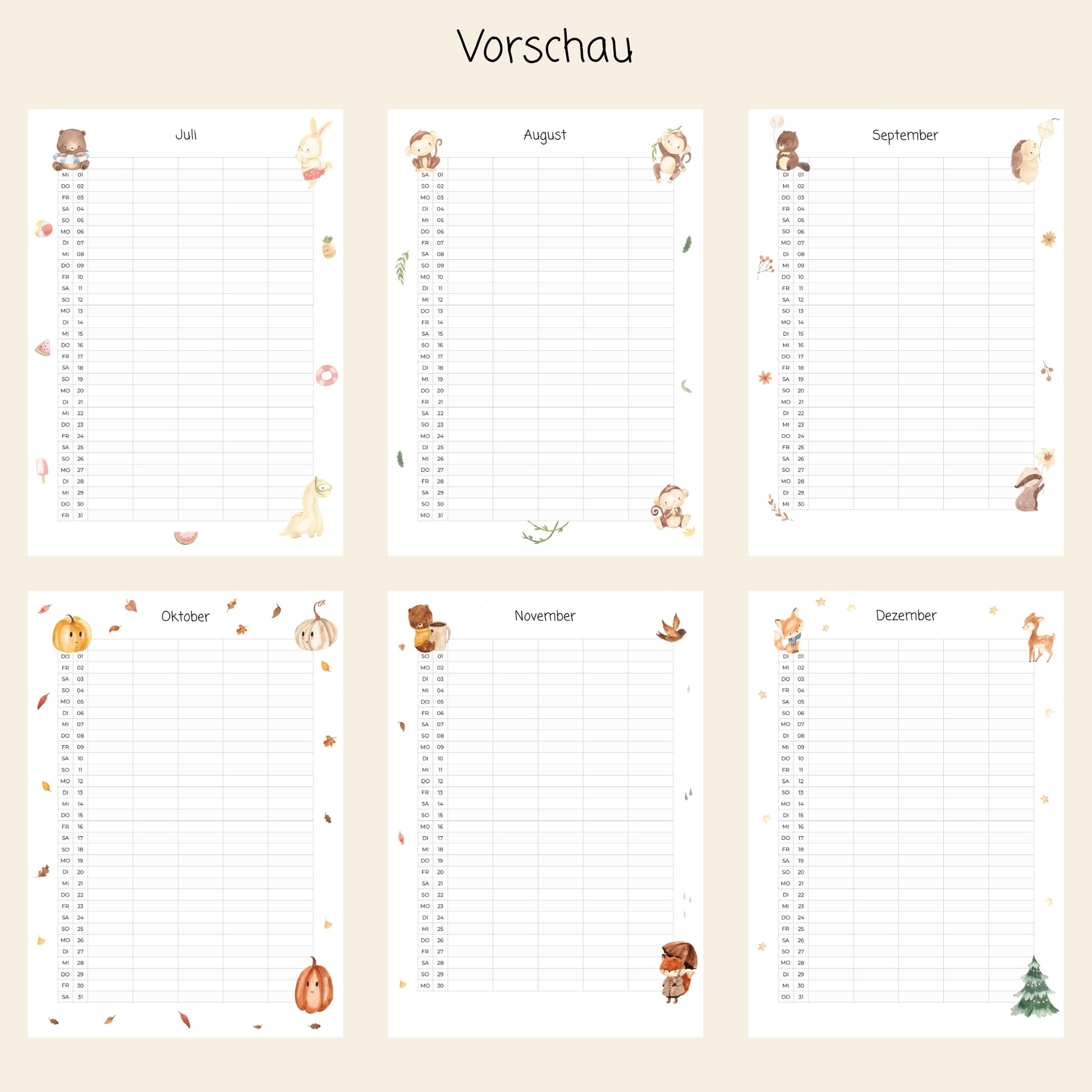 Familienkalender 2026 zum Ausdrucken, zeigt sechs Monatsseiten Juli-Dezember mit handgemalten Motiven: Bären, Füchse, Weihnachtsbaum, ideal für persönliche und gemeinsame Termine.