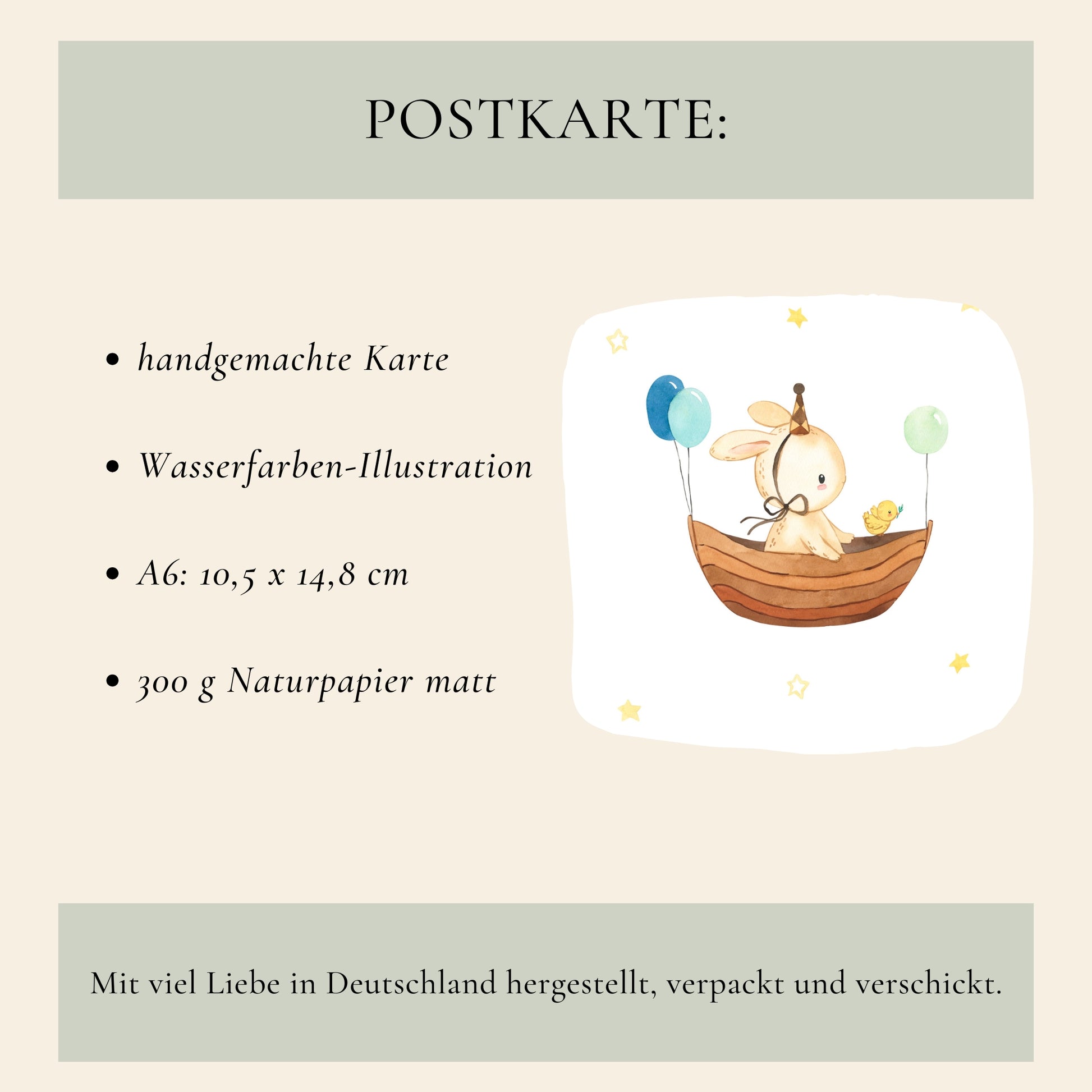 Personalisierte Geburtskarte Hase & Luftschiff A6 mit handgemalter Aquarell-Illustration eines Hasen im Boot, umgeben von Luftballons, auf mattiertem 300g Naturpapier.