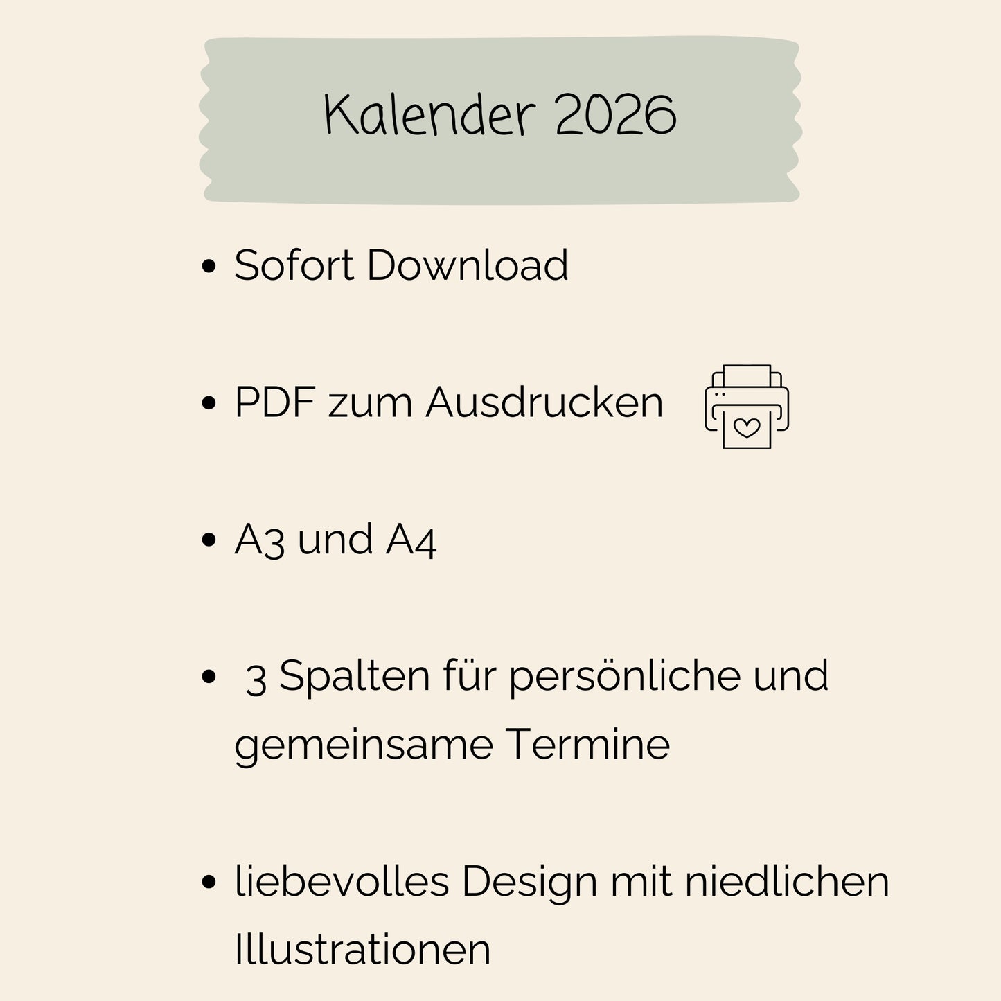 Paarkalender 2026 zum Ausdrucken A3 & A4, mit drei Spalten für Termine, sofortiger PDF-Download, liebevolle Illustrationen, inklusive Druckoptionen in A3 und A4.