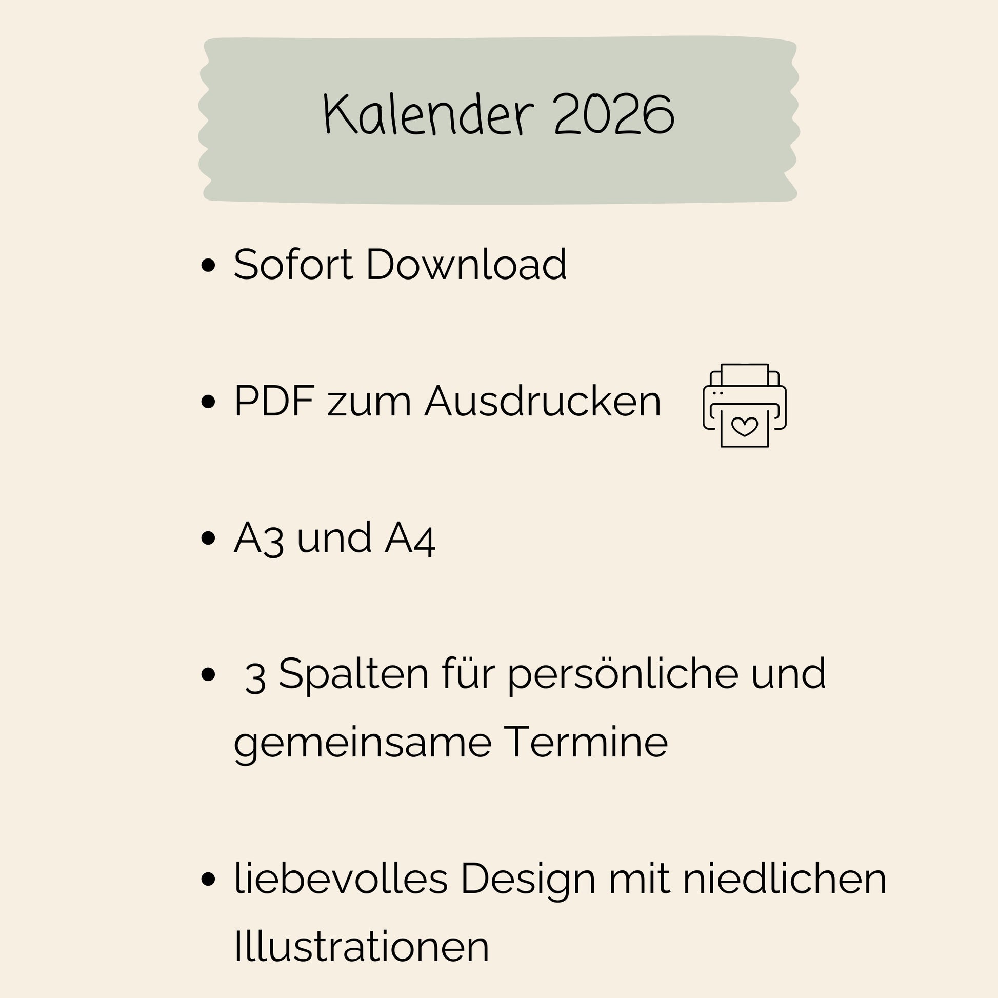 Paarkalender 2026 zum Ausdrucken A3 & A4, mit drei Spalten für Termine, sofortiger PDF-Download, liebevolle Illustrationen, inklusive Druckoptionen in A3 und A4.