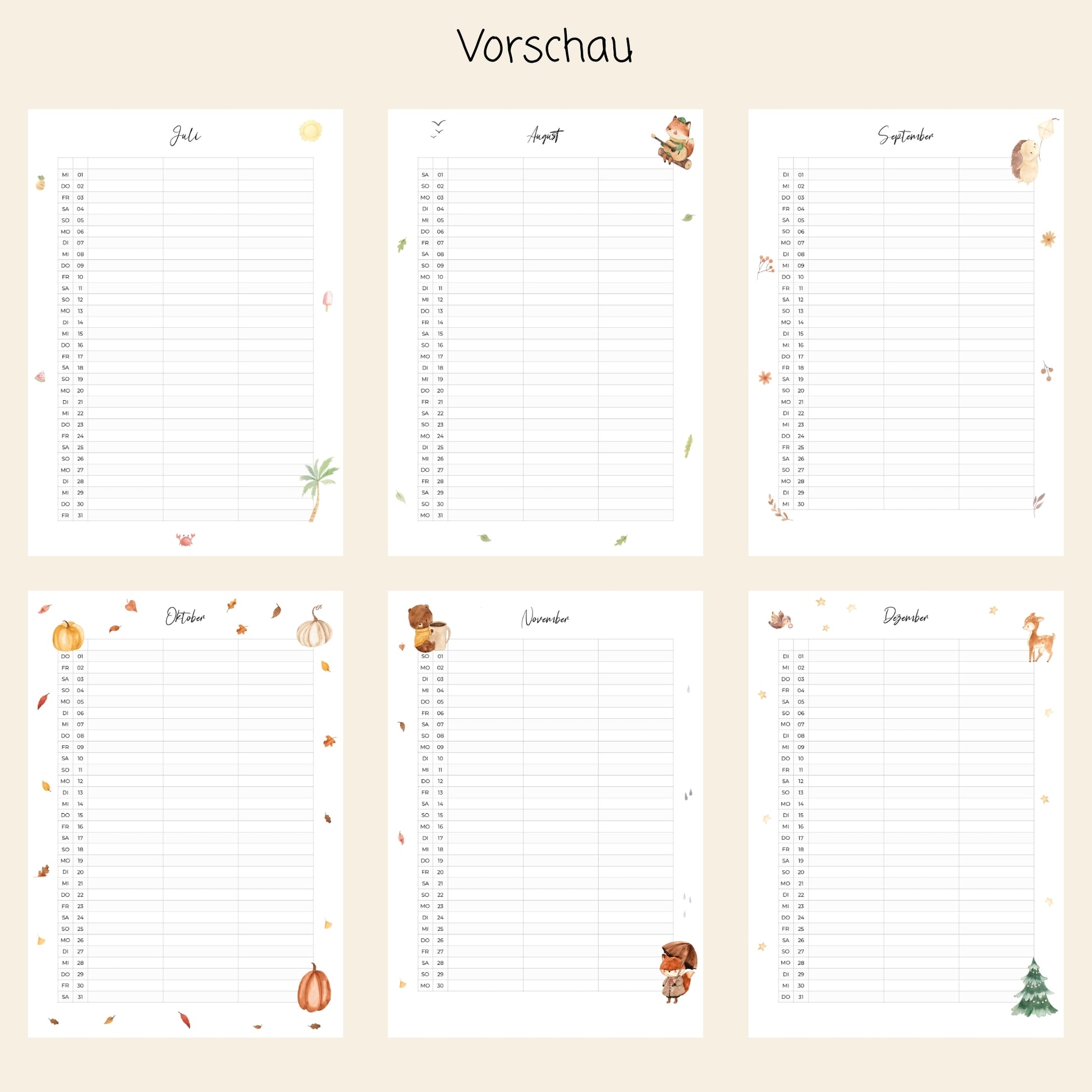 Familienkalender 2026 zum Ausdrucken: Sechs Monatsseiten Juli-Dezember mit saisonalen Aquarellmotiven und drei Spalten für persönliche Termine, ideal für Familienplanung.
