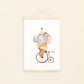 Poster Elefant auf Fahrrad A4 & A3: Handgemaltes Aquarell, Vintage Zirkus Elefant auf einem Fahrrad. Auf hochwertigem, mattem 300g Naturpapier gedruckt. Perfekt für Kinderzimmer. An Bildleiste