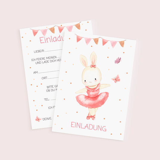 Einladung Kindergeburtstag Hase A6: Karte mit Ballett Hase Illustration in pinkem Ballettkleid. Hochwertiges Naturpapier, leicht auszufüllen, ideal für Kinder.