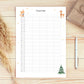 Familienkalender 2026 zum Ausdrucken 5 Spalten, zeigt Dezember-Seite mit Fuchs, Reh, Sternen und Tanne, umgeben von Geschenkbox, getrockneten Gräsern und Stift.
