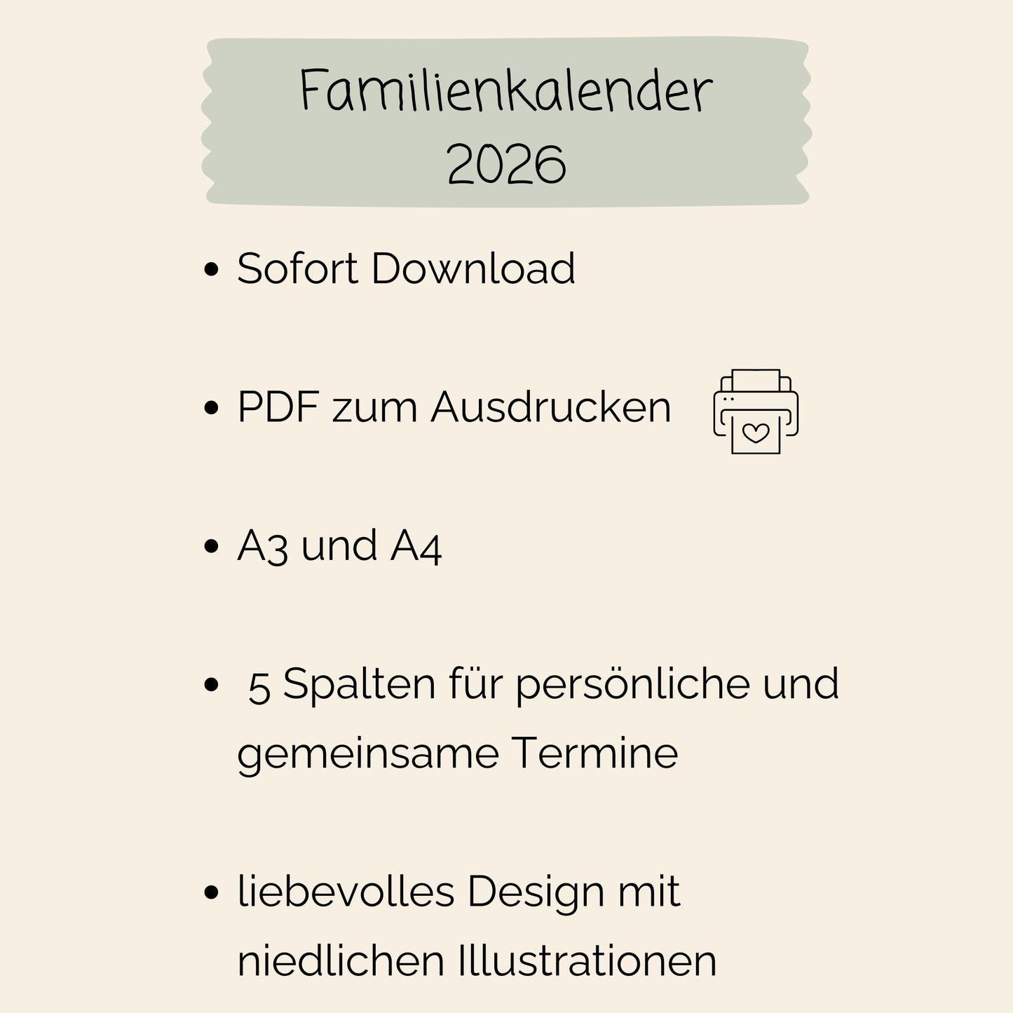 Familienkalender 2026 zum Ausdrucken, mit 5 Spalten für Termine, liebevoll illustriert. Sofortiger PDF-Download in A3 und A4 verfügbar.