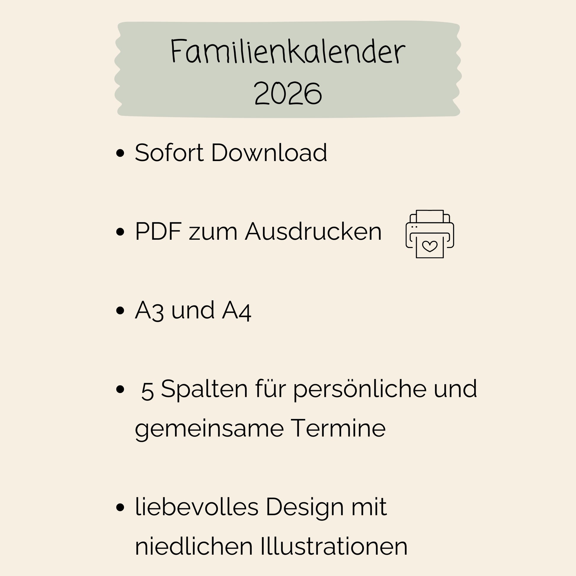 Familienkalender 2026 zum Ausdrucken, mit 5 Spalten für Termine, liebevoll illustriert. Sofortiger PDF-Download in A3 und A4 verfügbar.