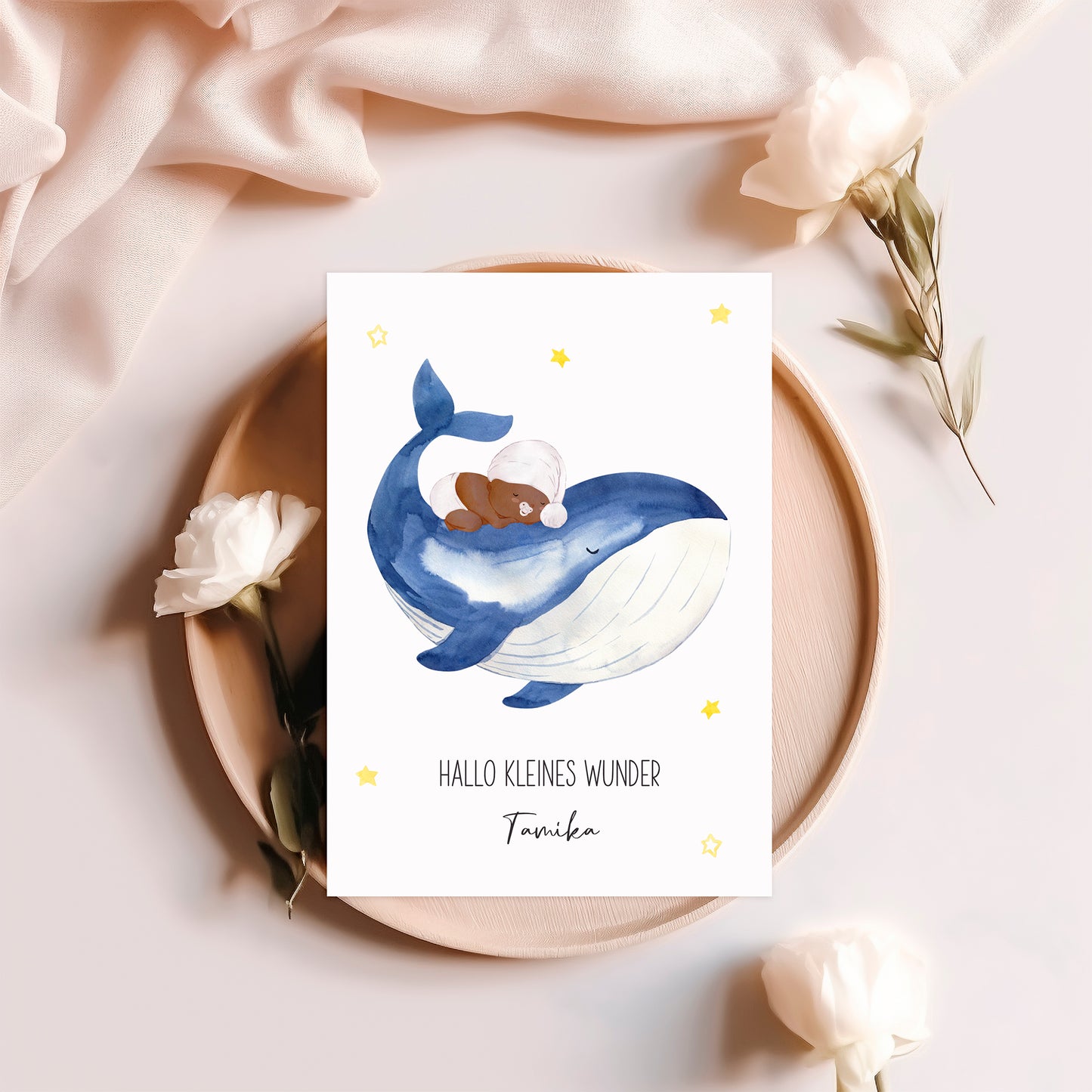 Personalisiert Geburtskarte Baby & Wal A6