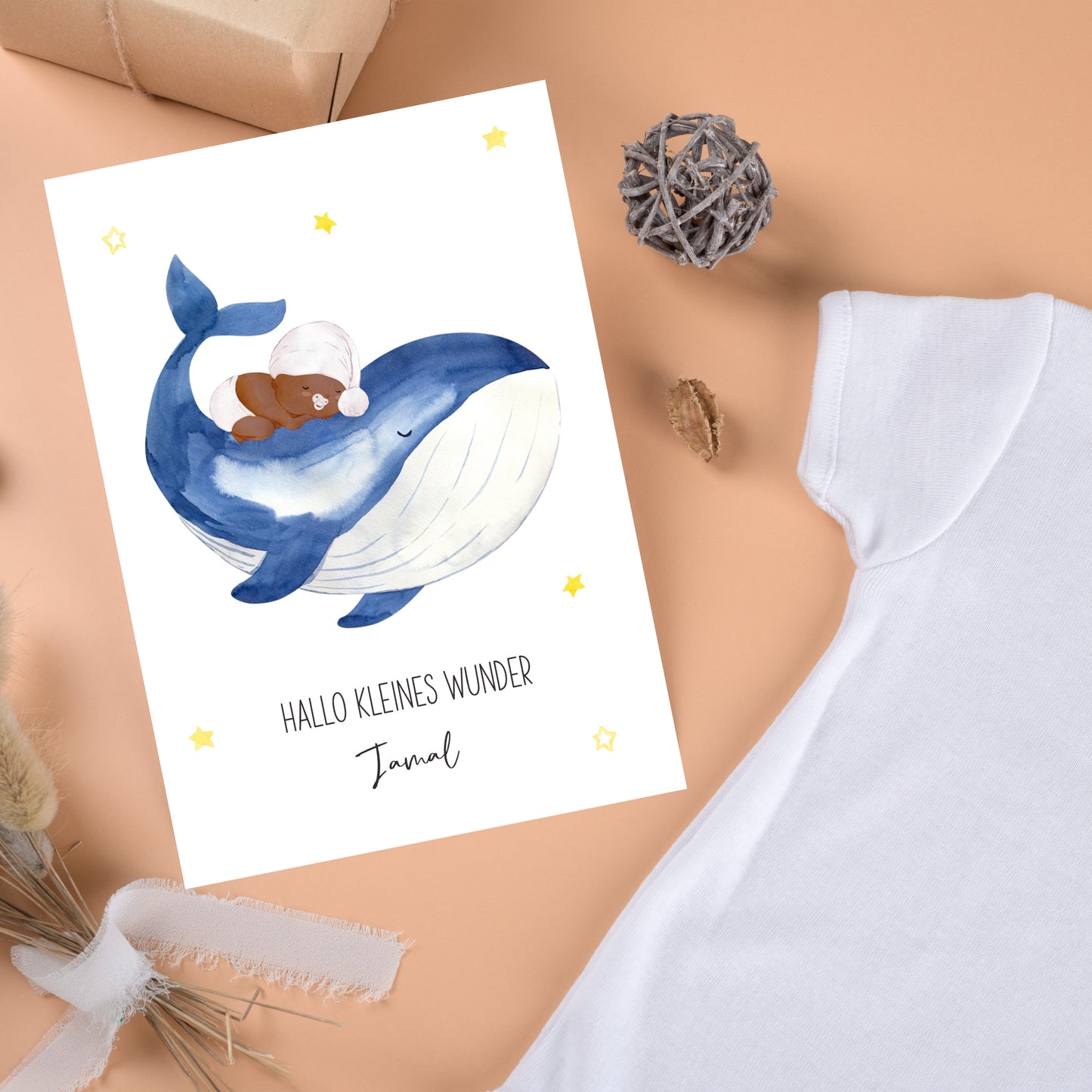 Personalisiert Geburtskarte Baby & Wal A6