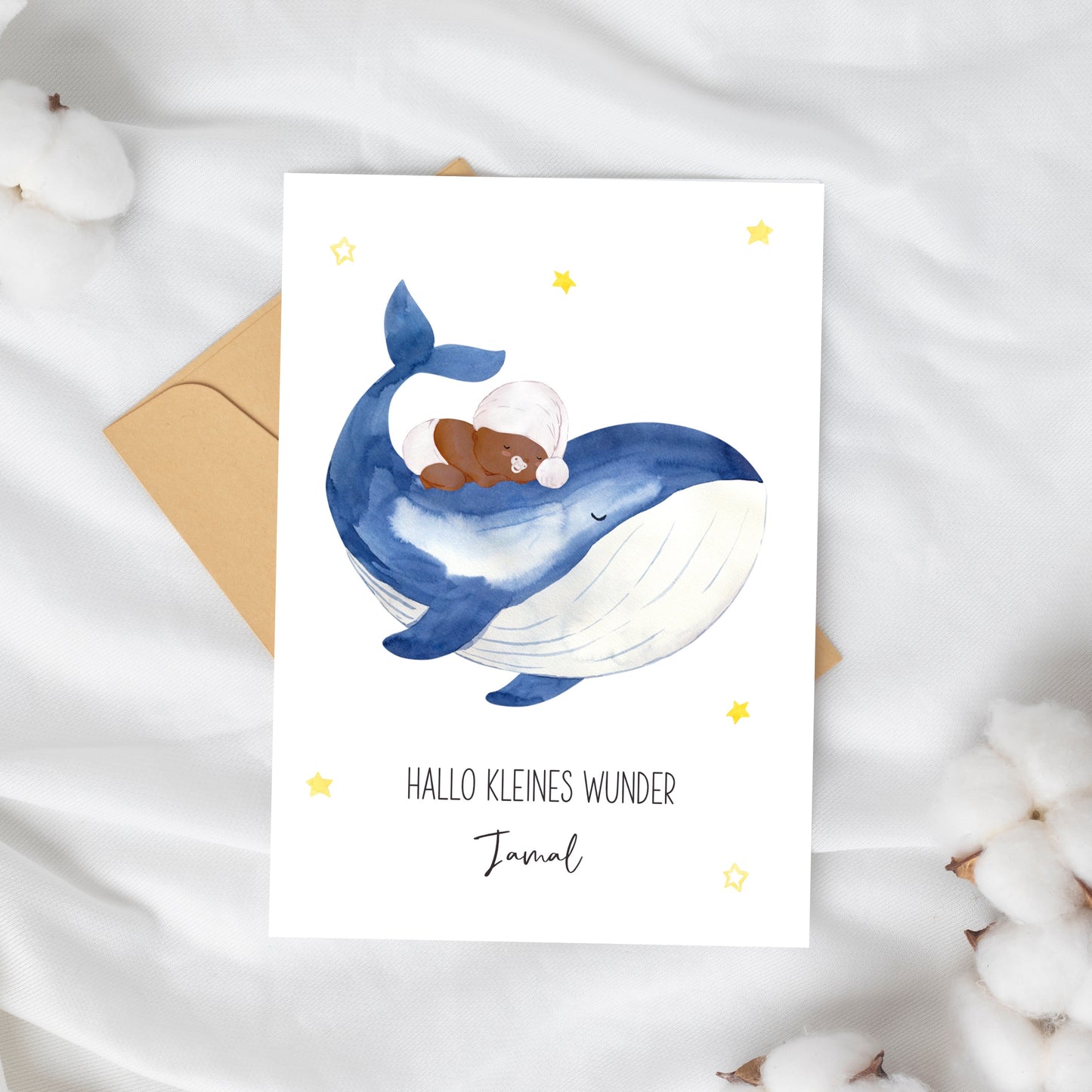 Personalisiert Geburtskarte Baby & Wal A6