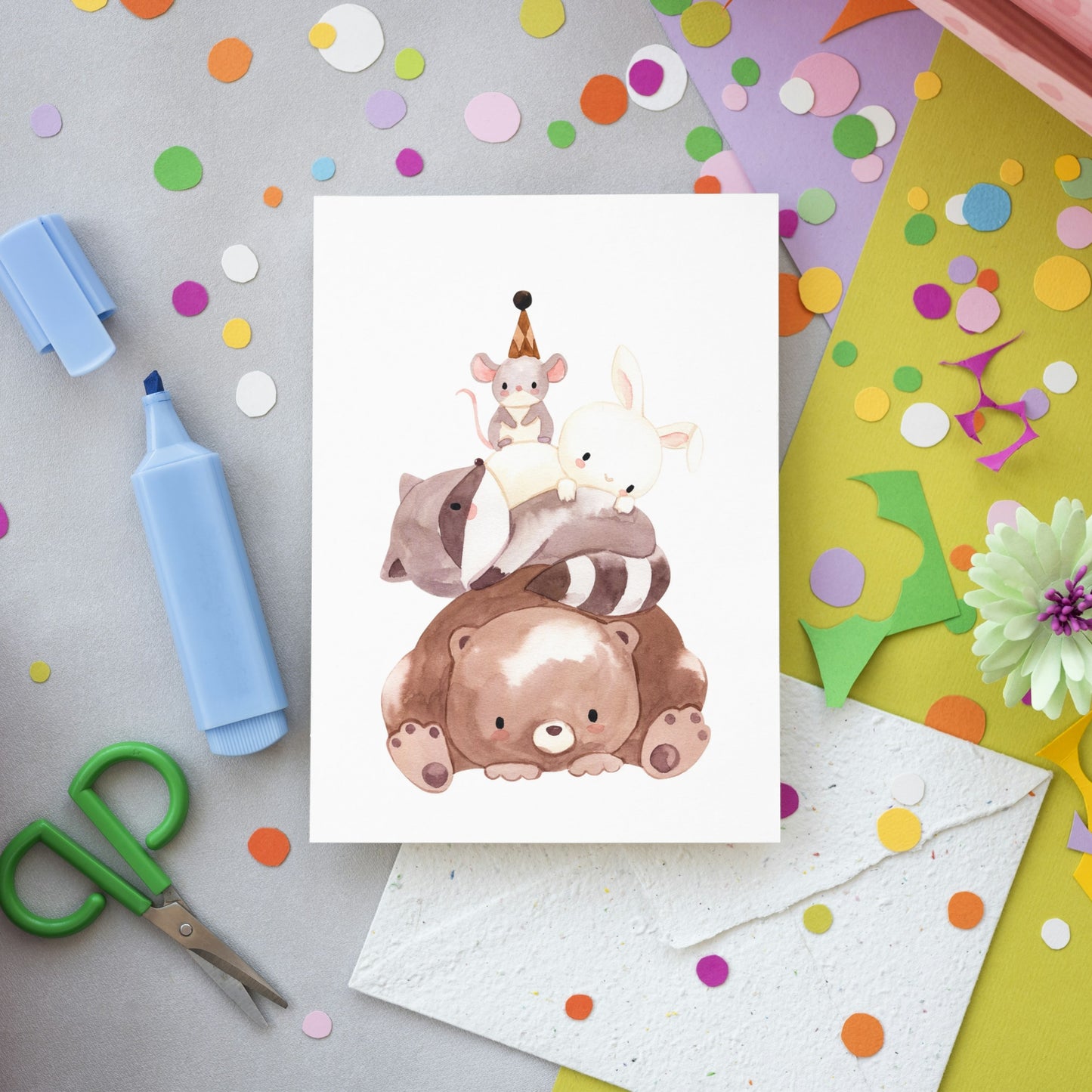 Karte Kindergeburtstag Tierpyramide A6