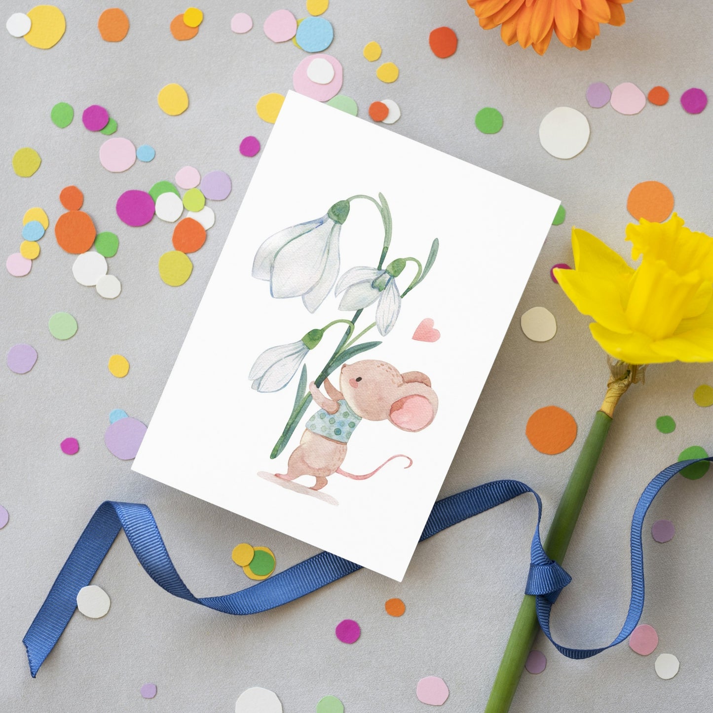 Grußkarte Maus mit Schneeglöckchen A6