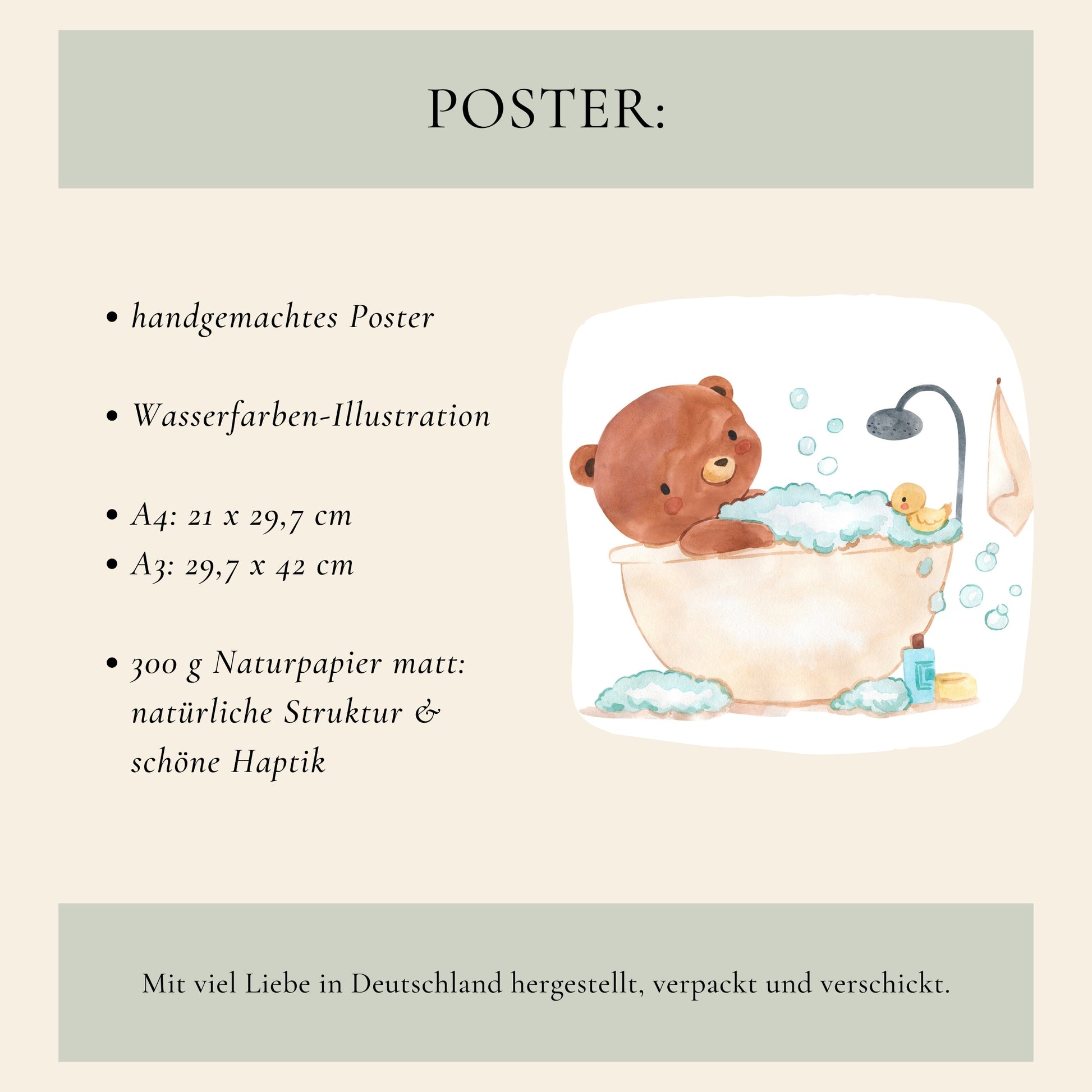 Poster Bär in Badewanne A3&A4 zeigt einen braunen Teddy im Bade mit Ente, gedruckt auf 300g mattes, FSC-zertifiziertes Papier, in zwei Größen verfügbar.