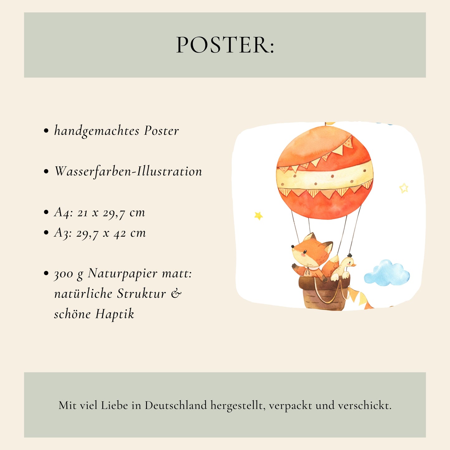Namensposter personalisiert im 3er Set: Illustration eines Heißluftballons mit Fuchs und Ente, handgemacht auf mattem Naturpapier, erhältlich in A4 und A3.