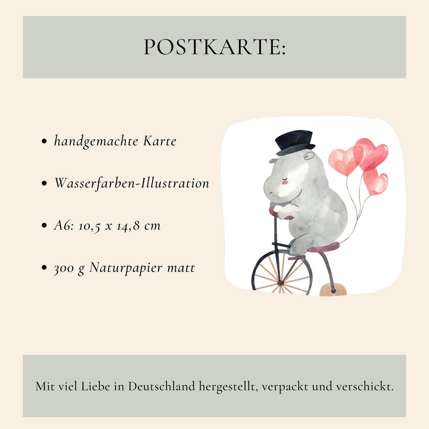 Karte Flusspferd & Fahrrad A6: Handgemachte Postkarte mit Aquarell-Hippo auf Hochrad und Herzballons, auf 300g Naturpapier gedruckt, ideal für liebe Grüße.