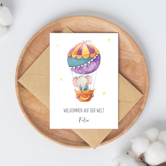 Personalsierte Geburtskarte Elefant & Heißluftballon A6