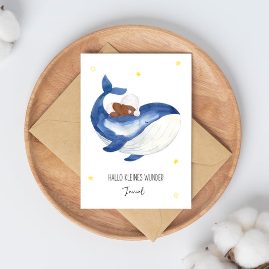 Personalisiert Geburtskarte Baby & Wal A6