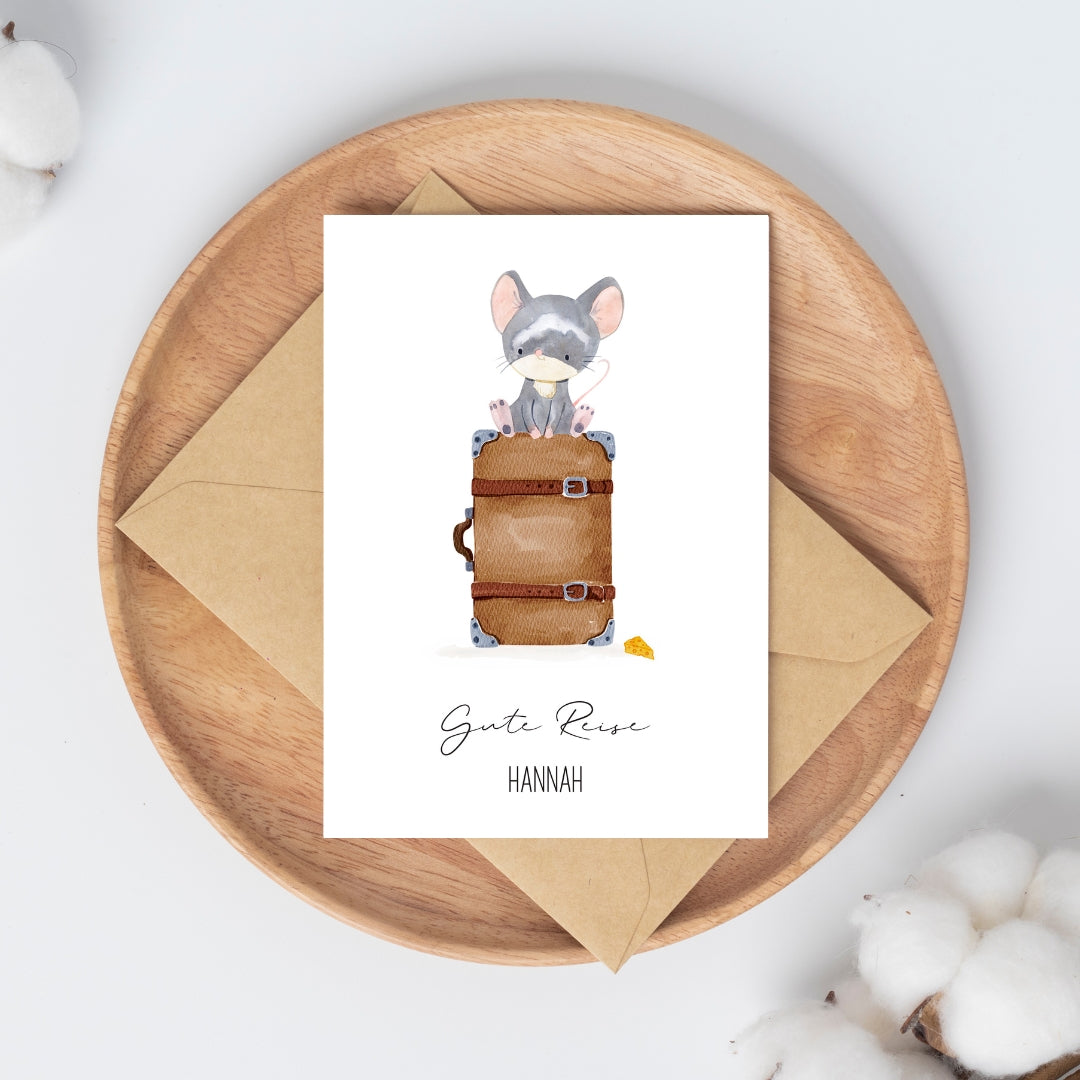 Personlisierte Gute Reise Karte Maus & Koffer A6