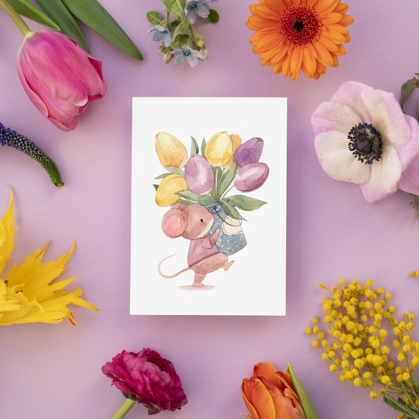 Karte Maus mit Tulpen A6