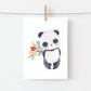 Karte Panda & Blumen A6 auf ean einer Wäscheleine, handgemalter Aquarell-Panda mit Blumen, inklusive Umschlag. Hochwertiges, mattes 300g Naturpapier.