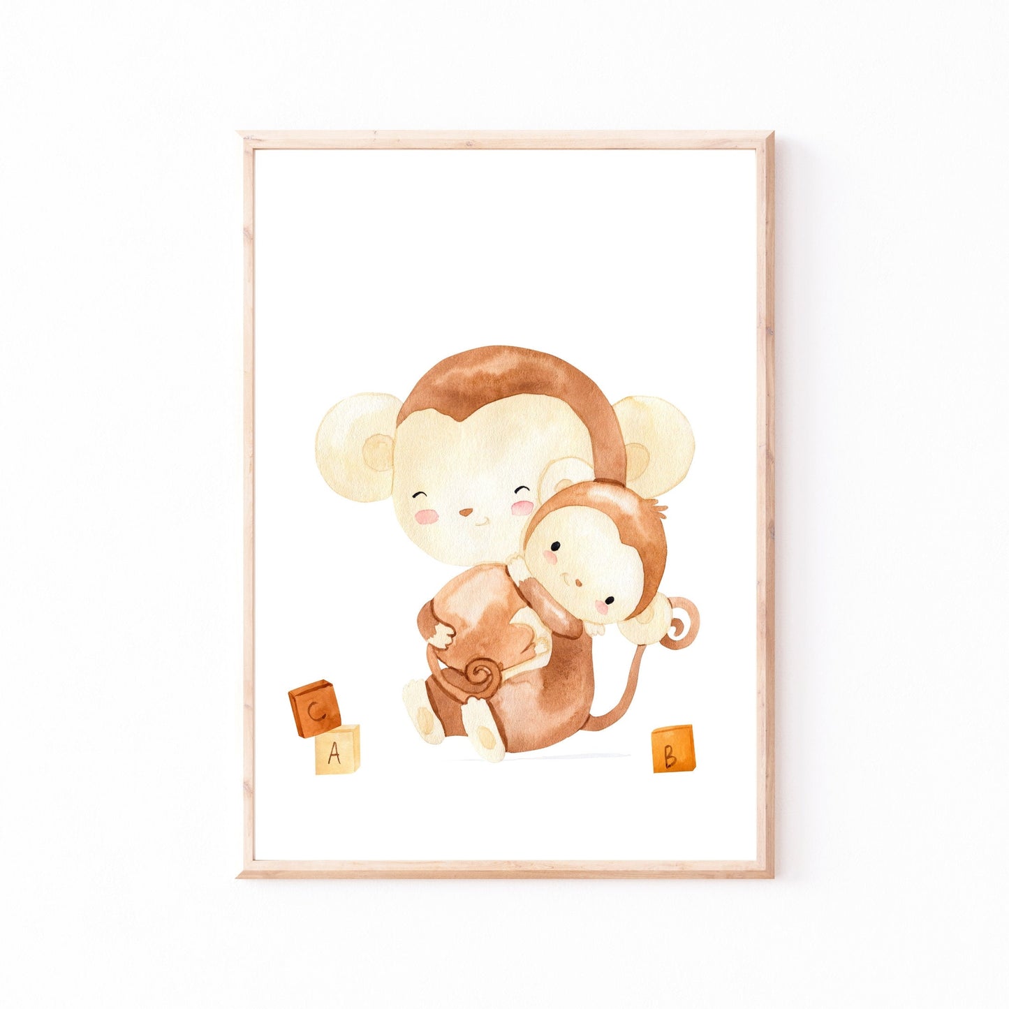 Poster Mama/Papa Affe und Baby A4 & A3: Aquarell-Illustration, Affe, der sein Baby hält. Hochwertiges, mattes Papier, ideal für Kinderzimmerdeko oder als Geschenk.