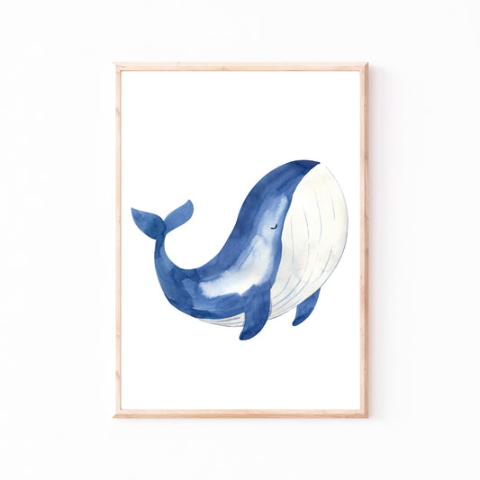 Poster Wal A4 & A3 zeigt einen handgemalten Aquarell Wal auf weißem Hintergrund, ideal als Kinderzimmerdeko und Geschenk. Gedruckt auf hochwertigem, mattem 300g Naturpapier. Gerahmt.