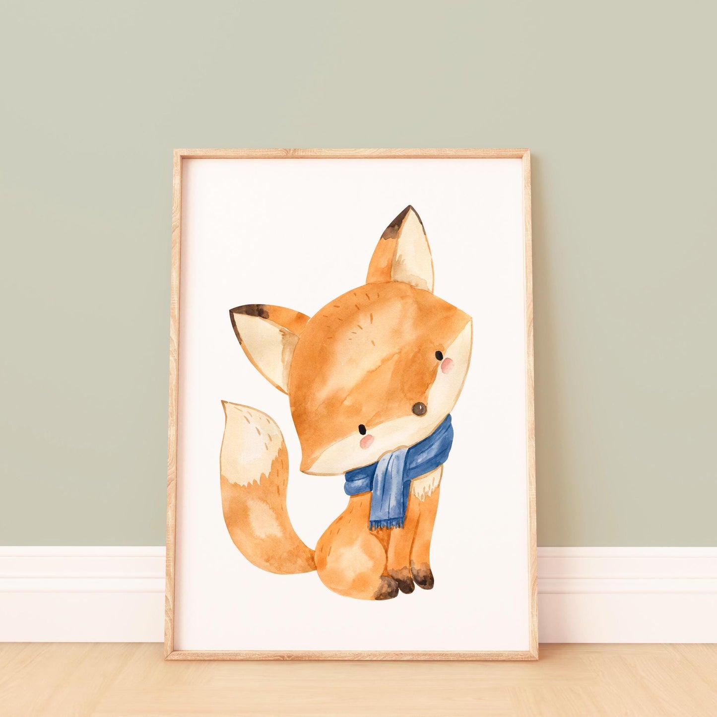 Poster Fuchs A5, A4 & A3 – Ein gerahmtes Aquarell: Fuchs mit Schal. Perfekt für das Kinderzimmer oder als Geschenk. Hochwertiger Druck auf 300g Naturpapier.