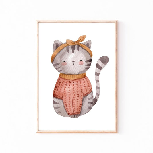 Poster Katze Vintage A4 & A3: fantasievolle Katze im Pullover und Schleife, ideal als Kinderzimmerdeko oder Geschenk, auf hochwertigem, festem Naturpapier gedruckt.