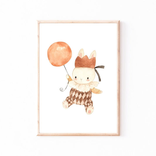 Poster Hase mit Ballon A4 & A3: Hase, der einen Ballon hält, gedruckt auf hochwertigem, mattem 300g Naturpapier. Perfekt für Kinderzimmerdeko. Mit Rahmen