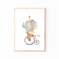 Poster Elefant auf Fahrrad A4 & A3: Handgemaltes Aquarell, Vintage Zirkus Elefant auf einem Fahrrad. Auf hochwertigem, mattem 300g Naturpapier gedruckt. Perfekt für Kinderzimmer. 