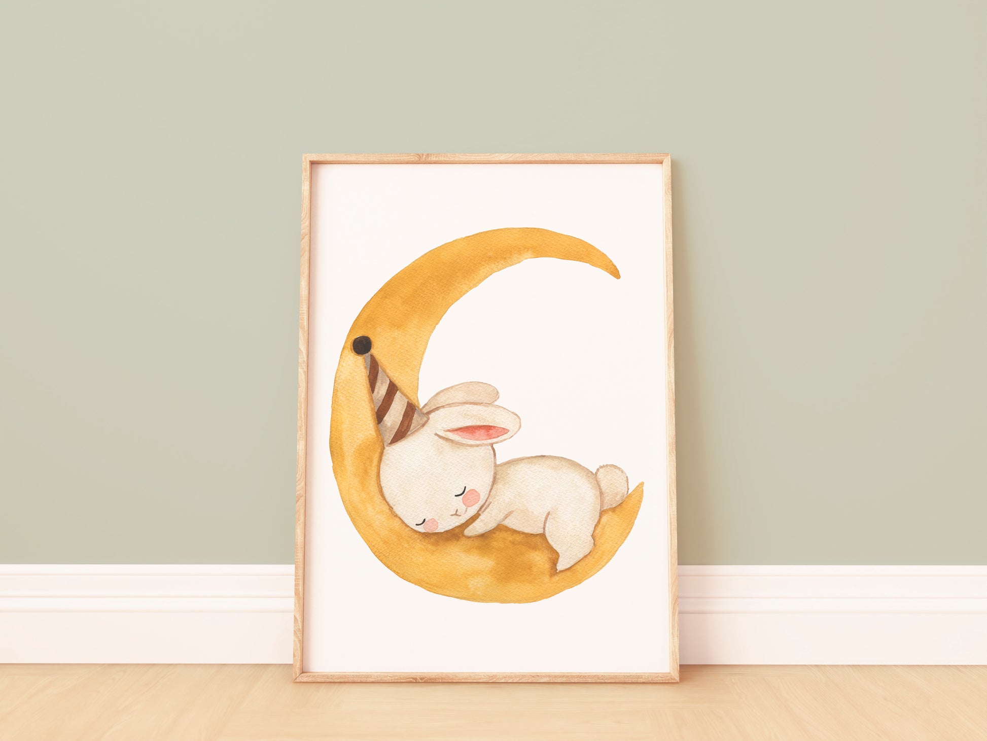 Kinderbild Kinderposter "Hase auf dem Mond", A4 & A3 Poster Kinderzimmer, Kinderbilder Babyzimmer Poster Tiere Wanddekoration, Baby Geschenk