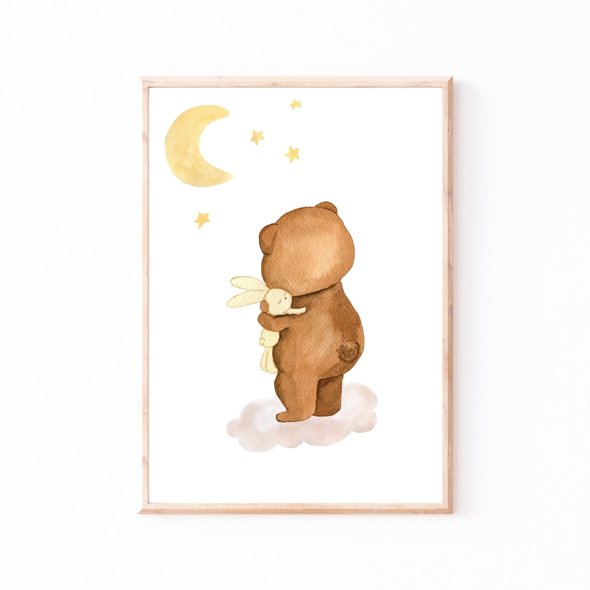 Posterset Bären A4 & A3: Aquarellzeichnung eines Bären, der einen Hasen hält, ideal für eine friedliche Kinderzimmeratmosphäre. Hochwertiges 300g Naturpapier.