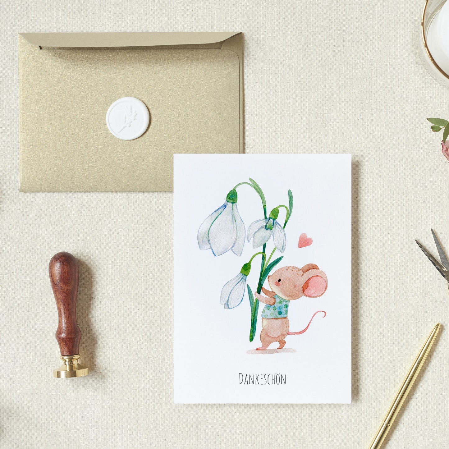 Klappkarte Dankeschön Maus & Schneeglöckchen A6