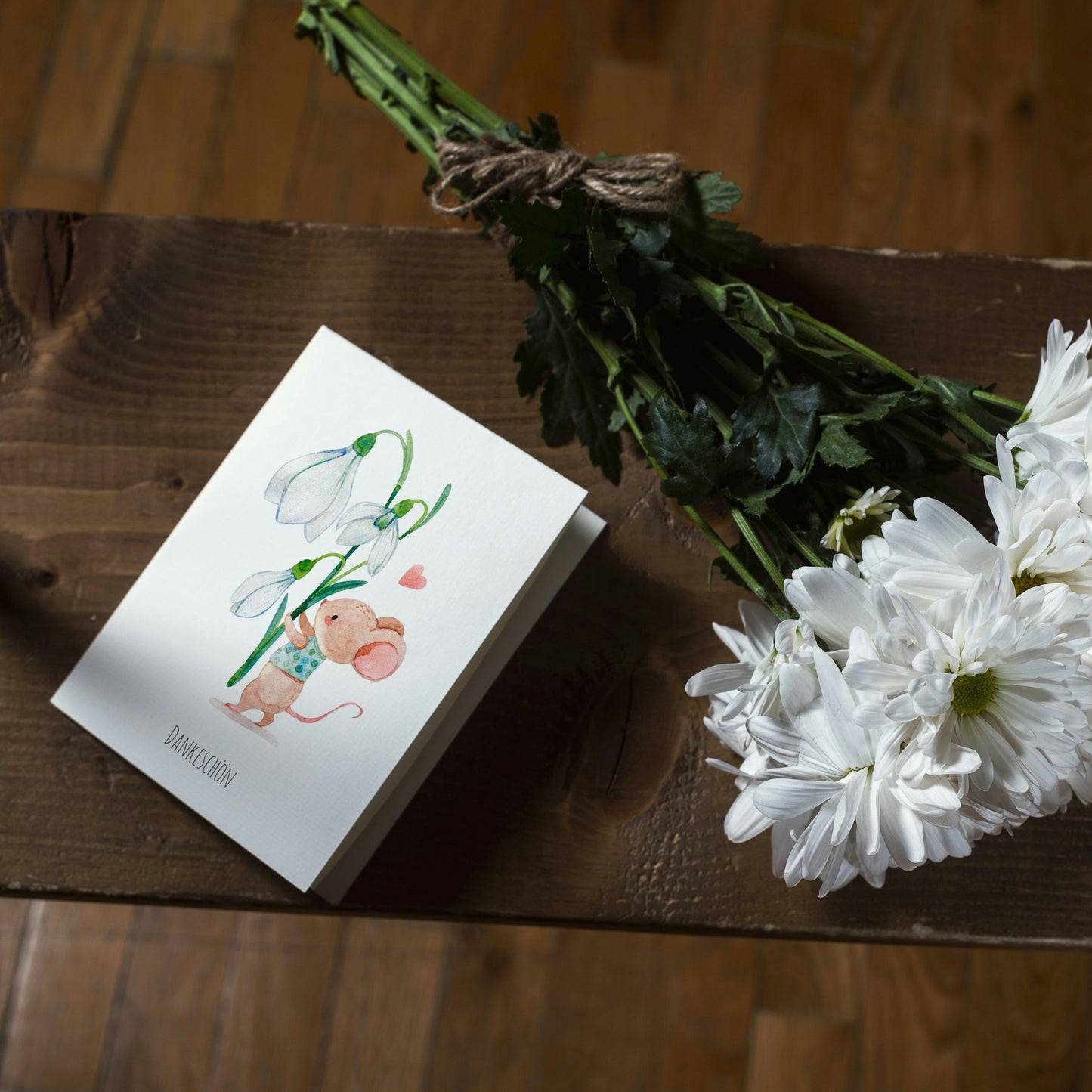 Klappkarte Dankeschön Maus & Schneeglöckchen A6