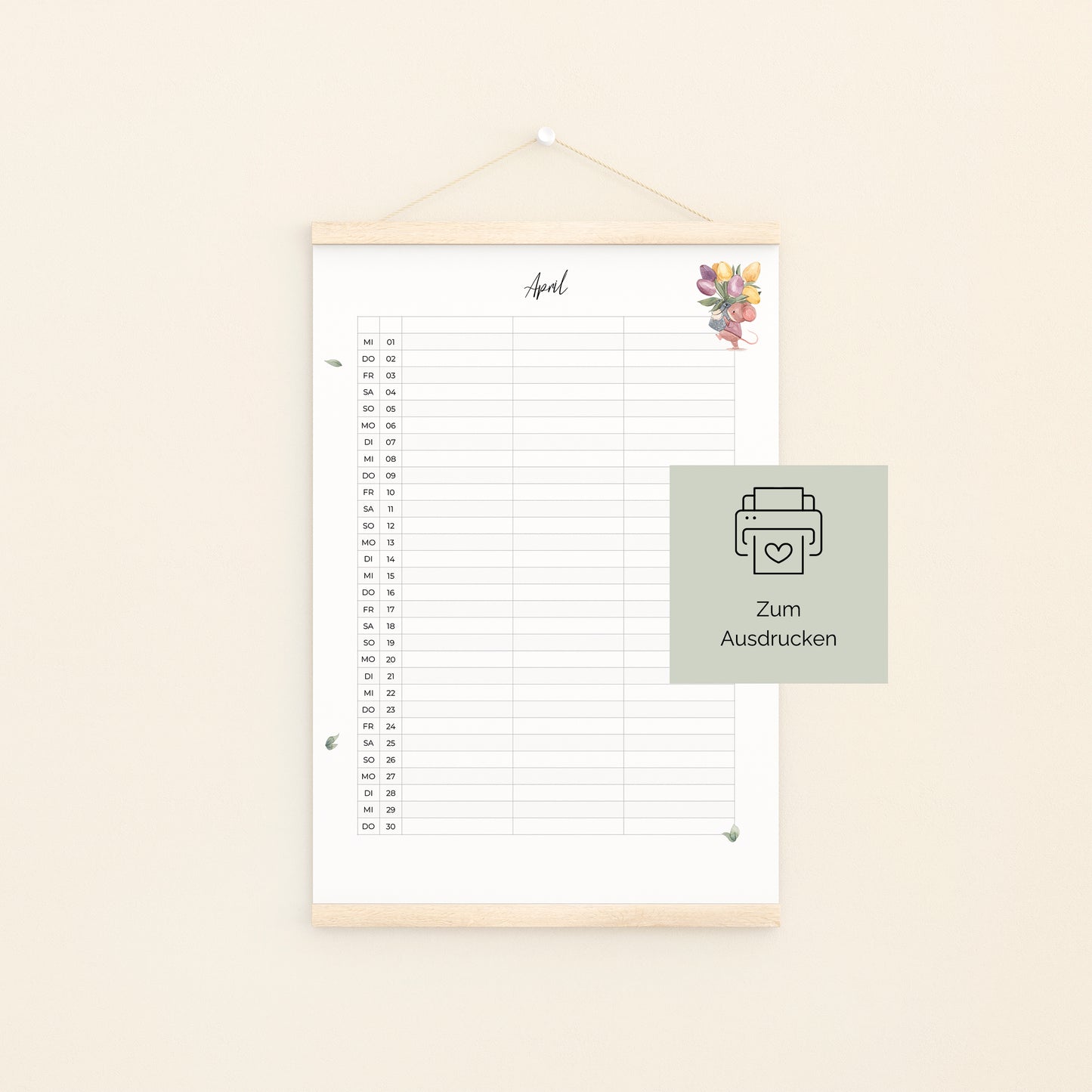 Familienkalender 2026 zum Ausdrucken 3 Spalten, vertikaler April-Planer im Holzrahmen mit Aquarellillustration und Druckhinweis, ideal für Termine und Planungen.