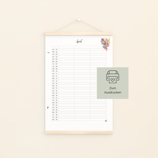 Familienkalender 2026 zum Ausdrucken 3 Spalten, vertikaler April-Planer im Holzrahmen mit Aquarellillustration und Druckhinweis, ideal für Termine und Planungen.