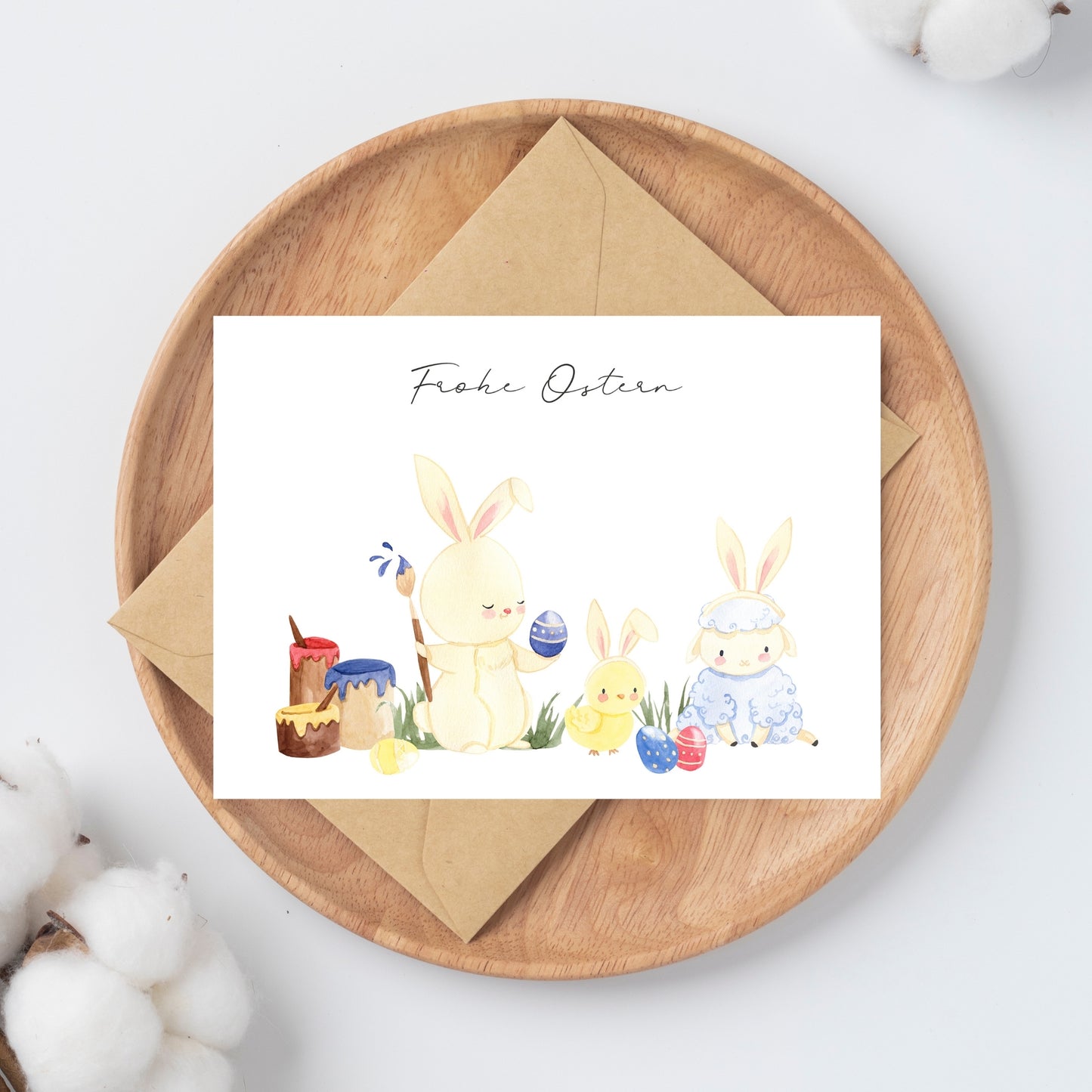 Osterkarte Hase, Küken, Lamm Frohe Ostern A6