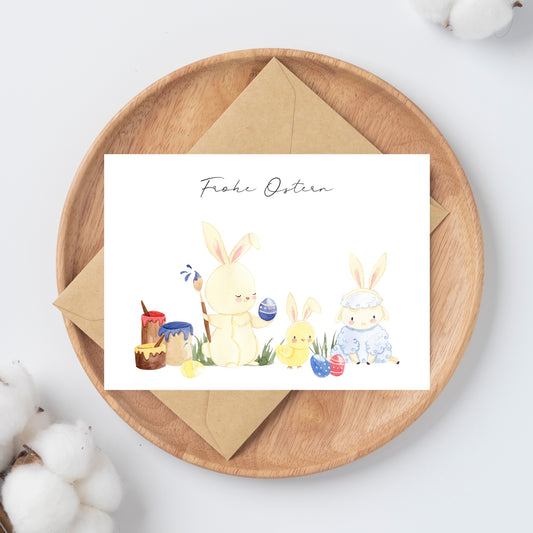 Osterkarte Hase, Küken, Lamm Frohe Ostern A6