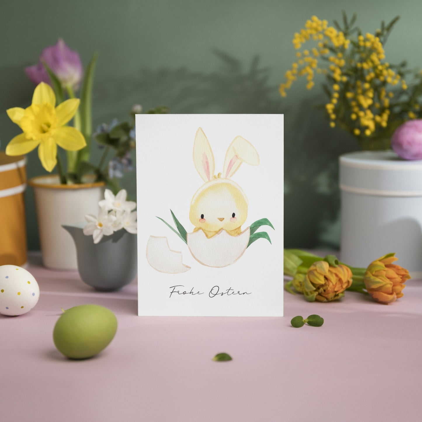 Osterkarte Küken mit Hasenohren Frohe Ostern A6