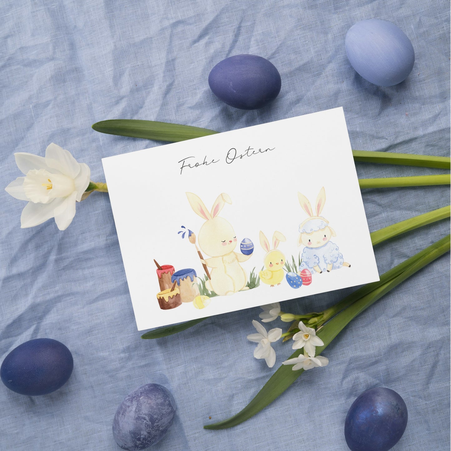 Osterkarte Hase, Küken, Lamm Frohe Ostern A6