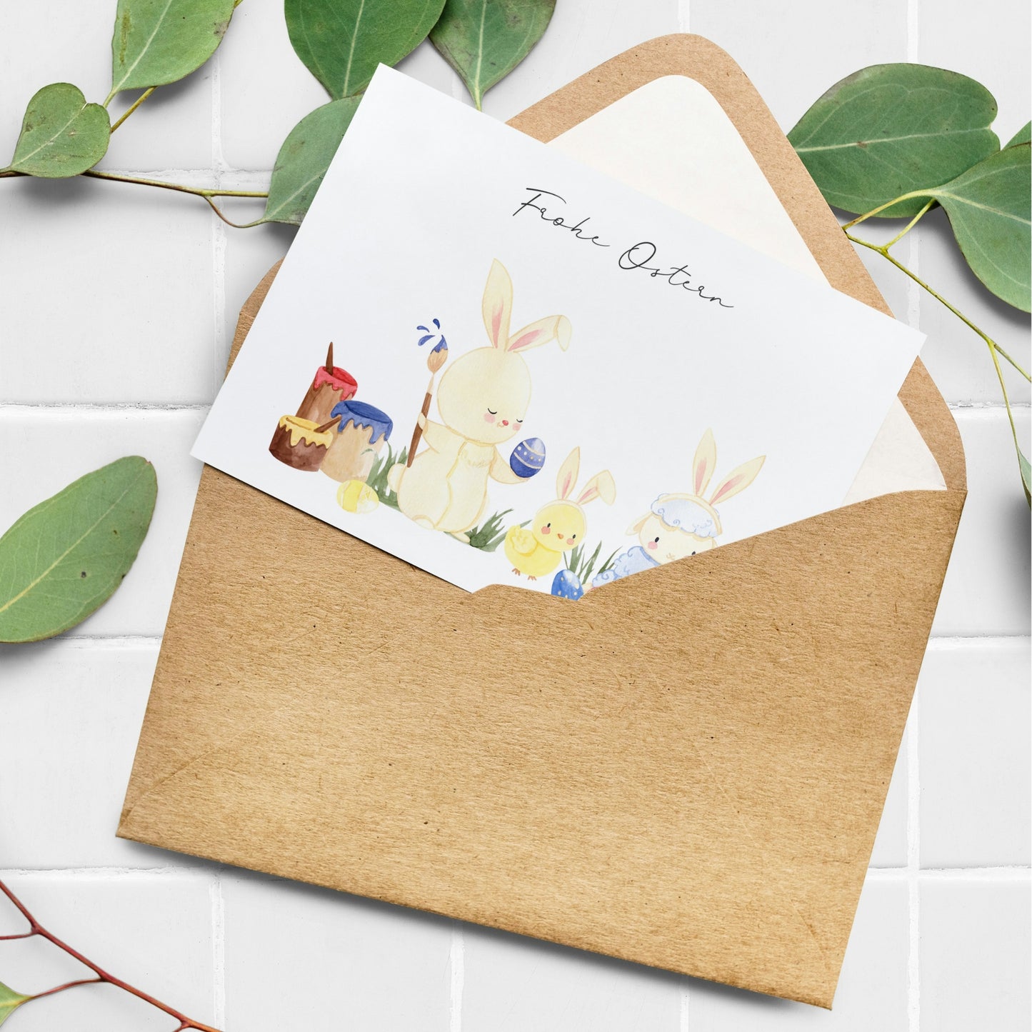 Osterkarte Hase, Küken, Lamm Frohe Ostern A6