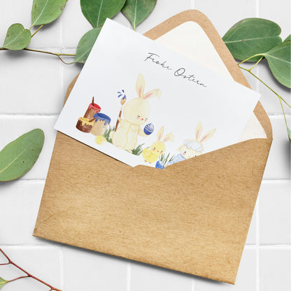Osterkarte Hase, Küken, Lamm Frohe Ostern A6