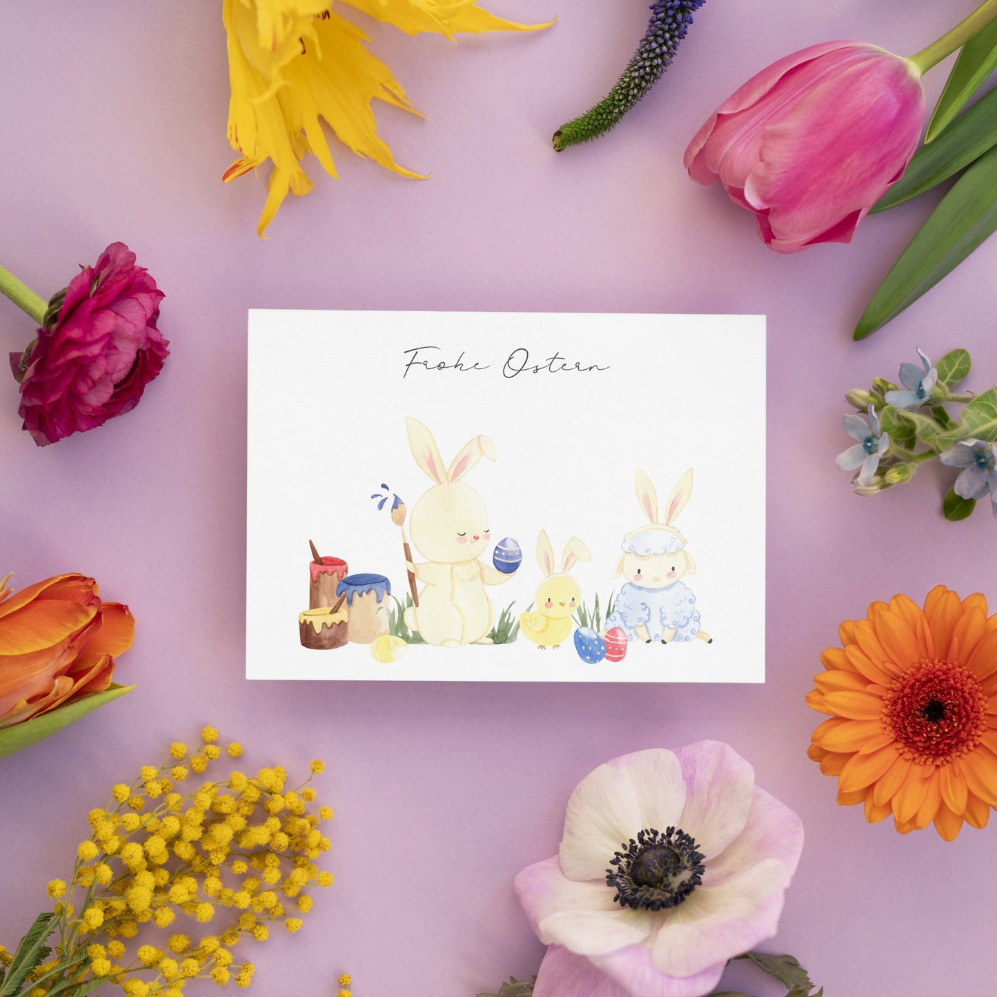 Osterkarte Hase, Küken, Lamm Frohe Ostern A6