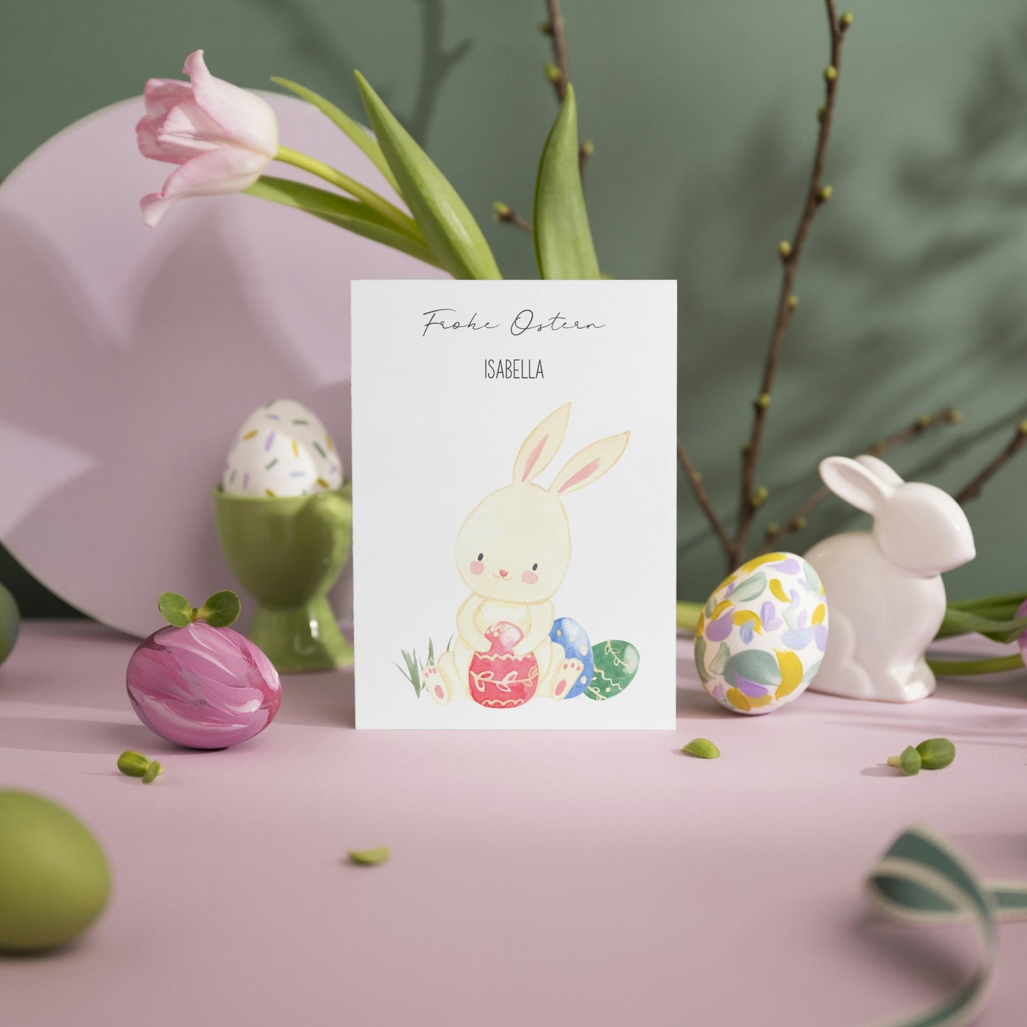 Personalisiert Osterkarte Hase mit Ostereiern A6