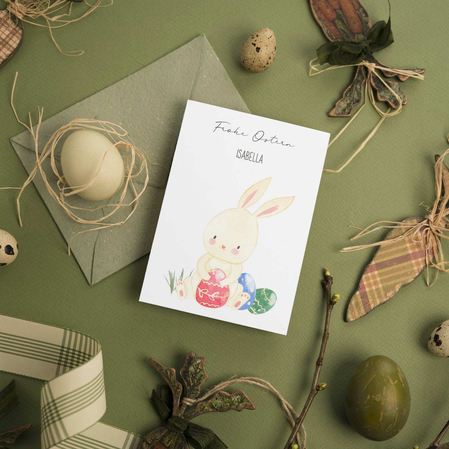 Personalisiert Osterkarte Hase mit Ostereiern A6