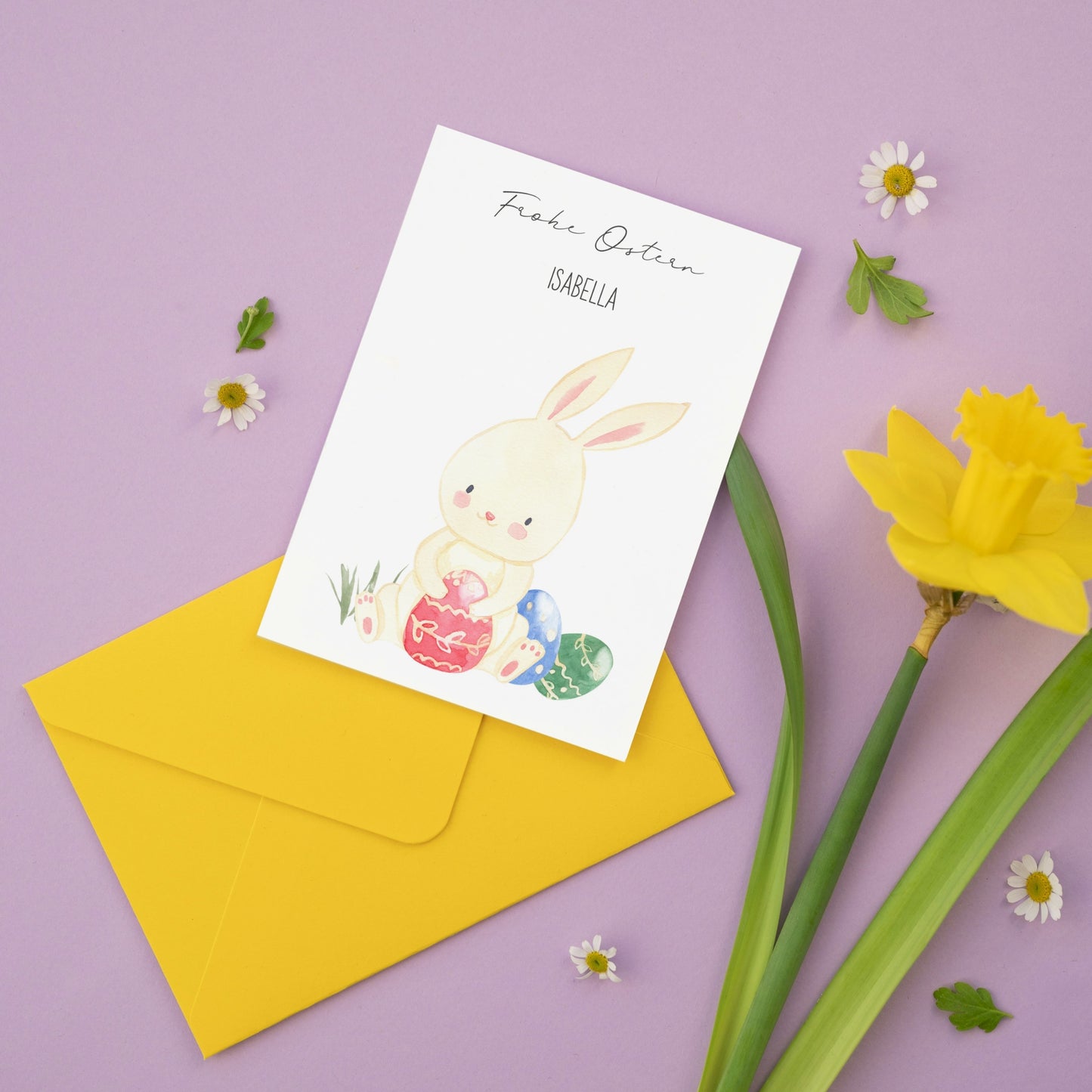 Personalisiert Osterkarte Hase mit Ostereiern A6