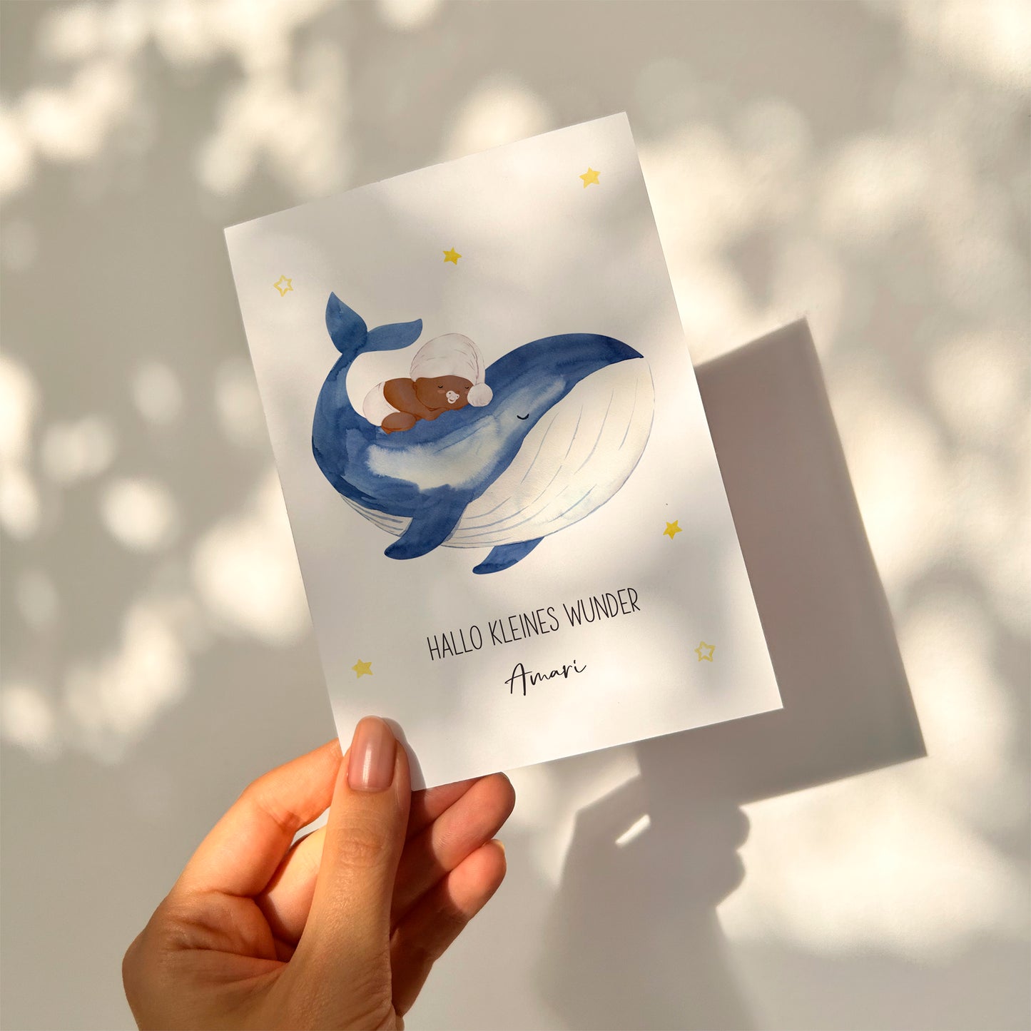 Personalisiert Geburtskarte Baby & Wal A6