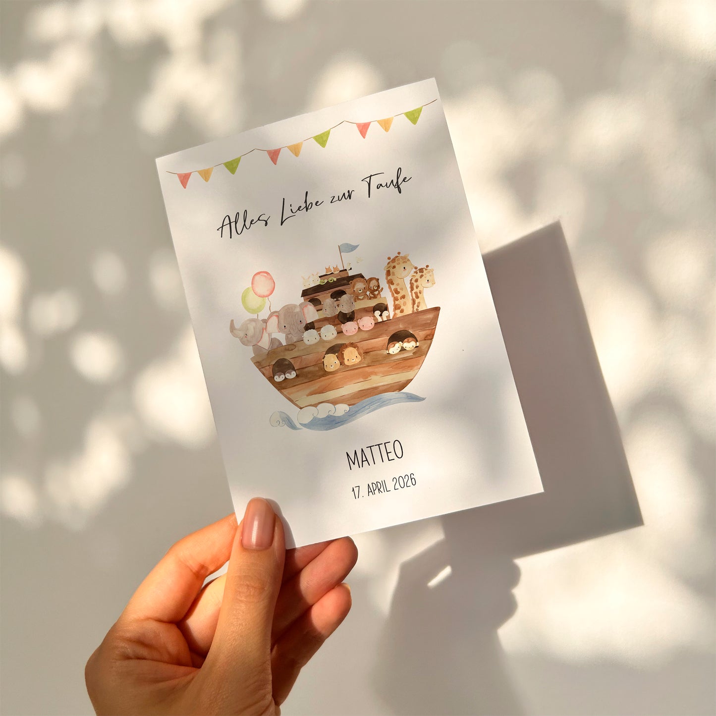Personalsierte Taufkarte Arche Noah A6