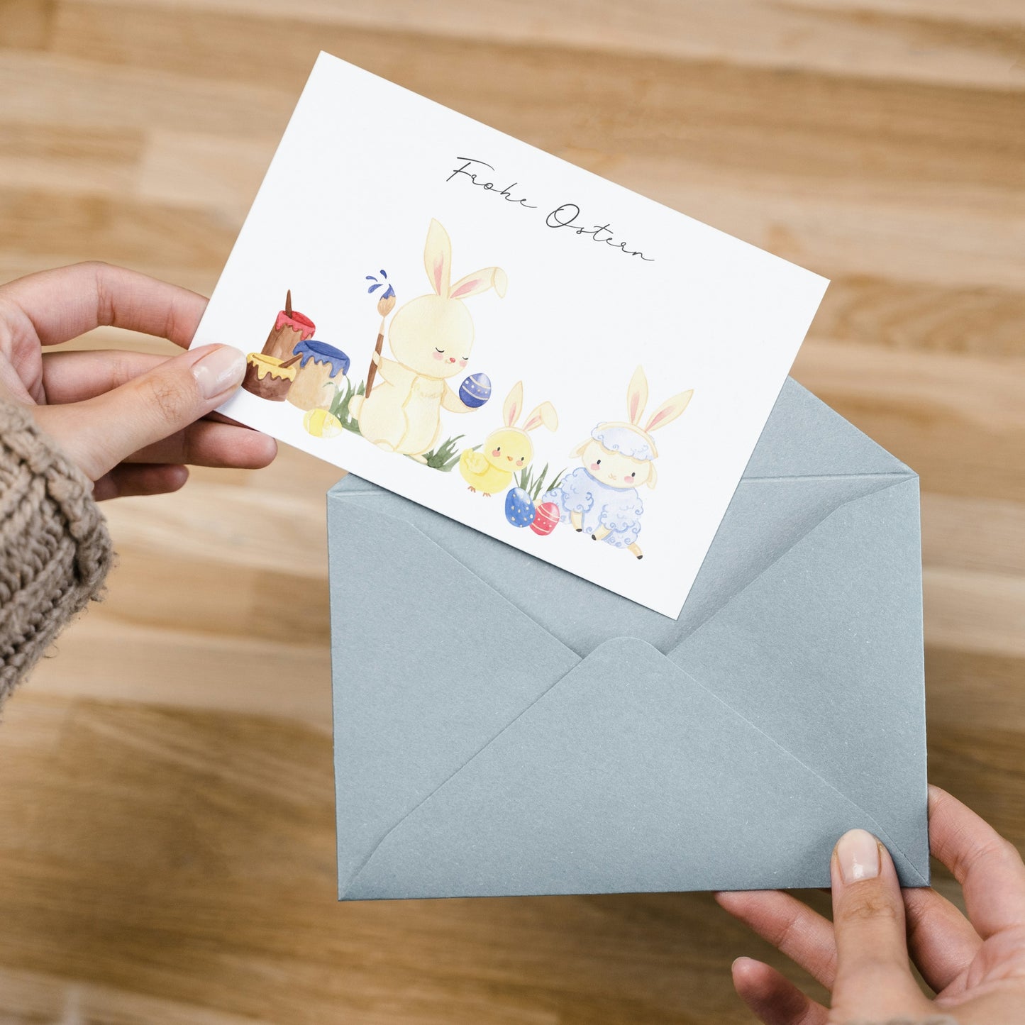 Osterkarte Hase, Küken, Lamm Frohe Ostern A6